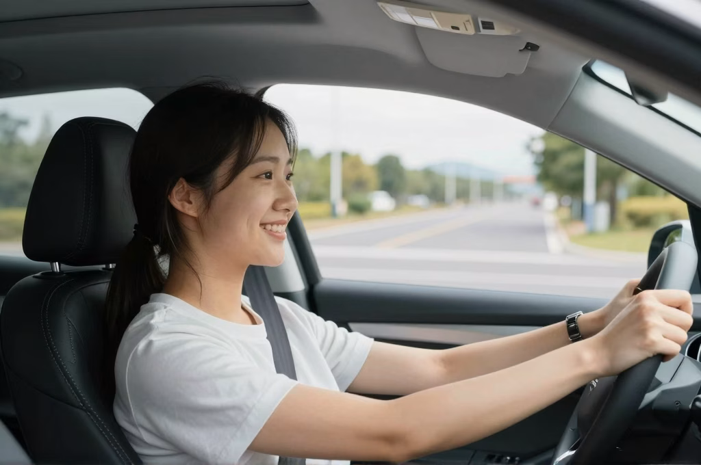 Conducteur souriant au volant, route dégagée, sentiment de protection