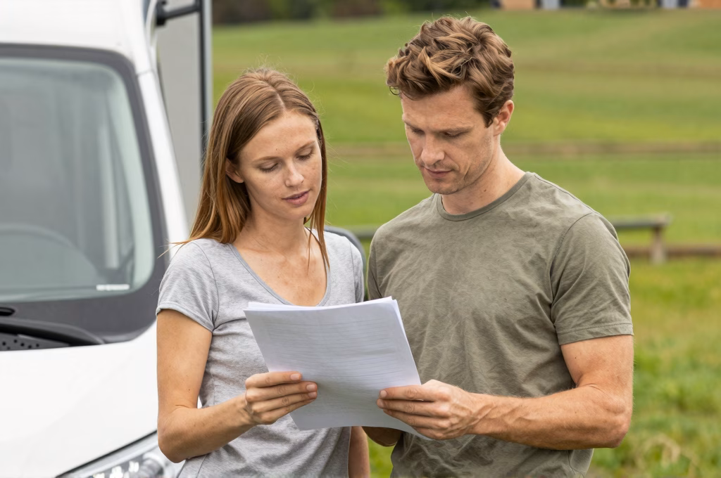 Couple examinant les documents d'assurance de leur camping-car en plein air