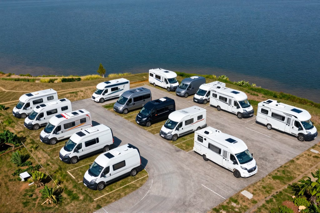 Vue aérienne de camping-cars et vans aménagés garés au bord d'un lac en été