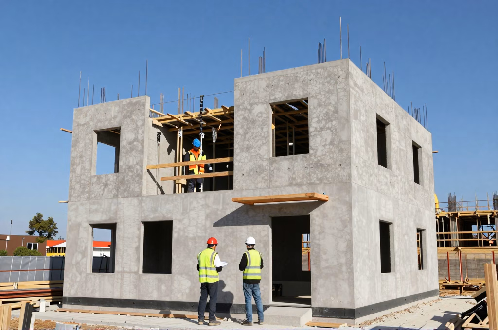Chantier de construction moderne couvert par l'assurance décennale obligatoire en 2026