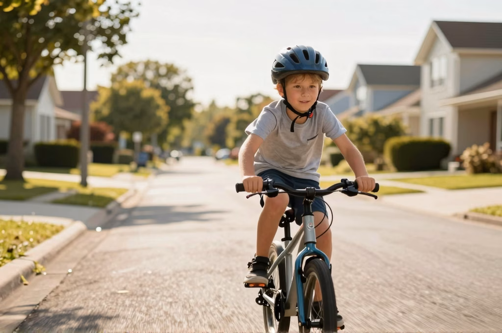 Enfant faisant du vélo avec casque de sécurité, activité couverte par l'extrascolaire