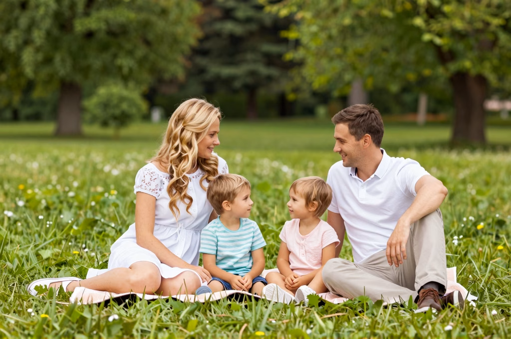 Famille profitant d'un pique-nique en plein air, protection assurance extrascolaire