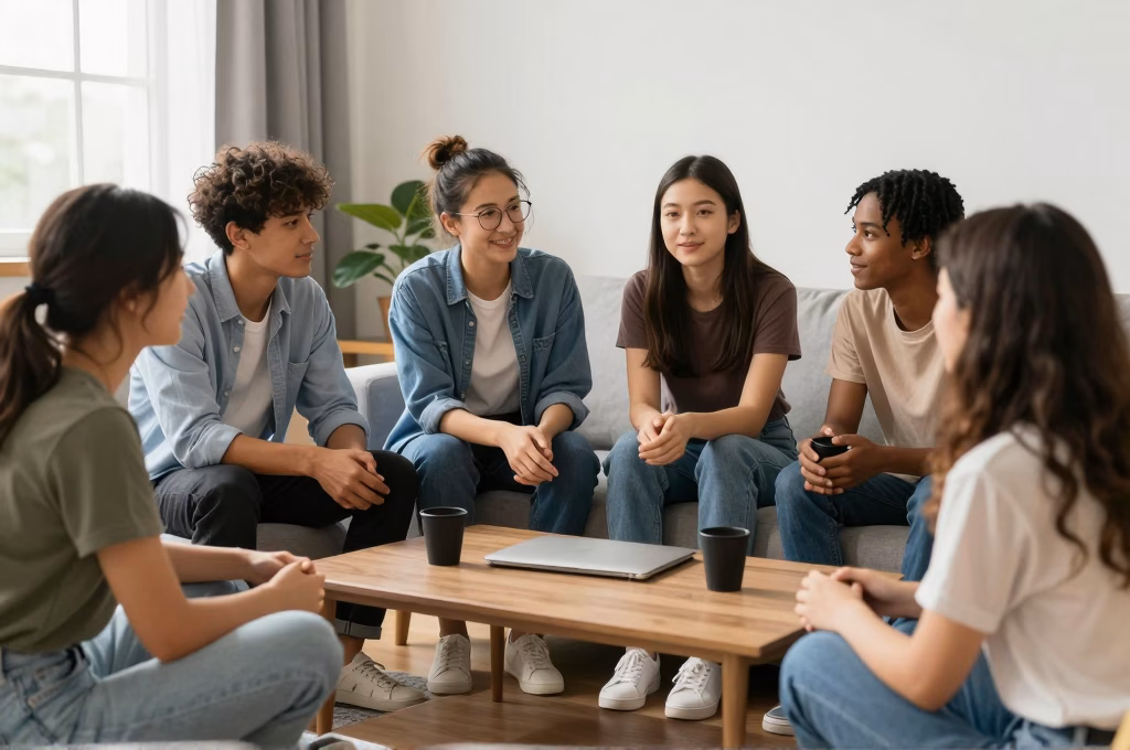 Groupe d'étudiants en colocation dans leur salon commun