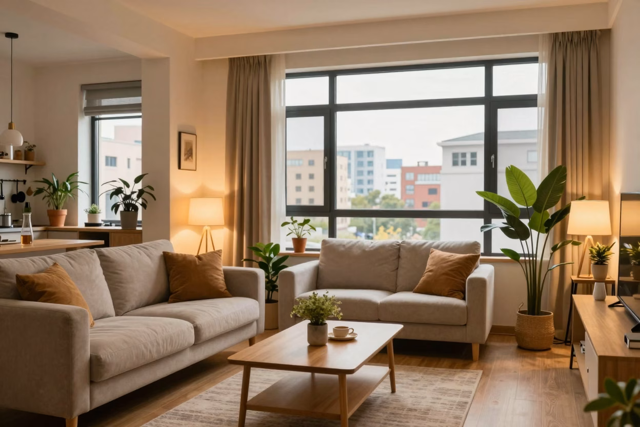Intérieur moderne et confortable d'un appartement de locataire avec plantes et vue sur la ville