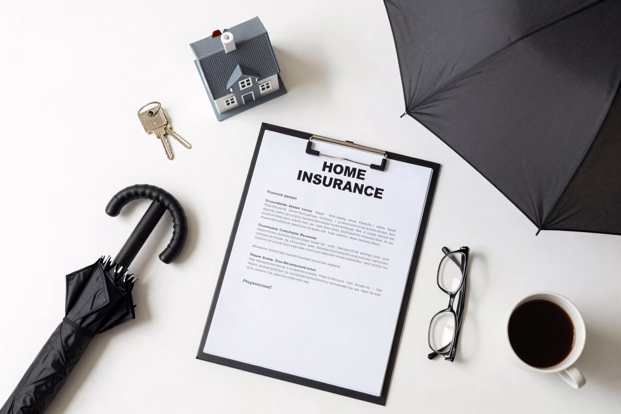 Flat lay avec clés de maison, maison miniature, parapluie protecteur et documents d'assurance sur bureau blanc