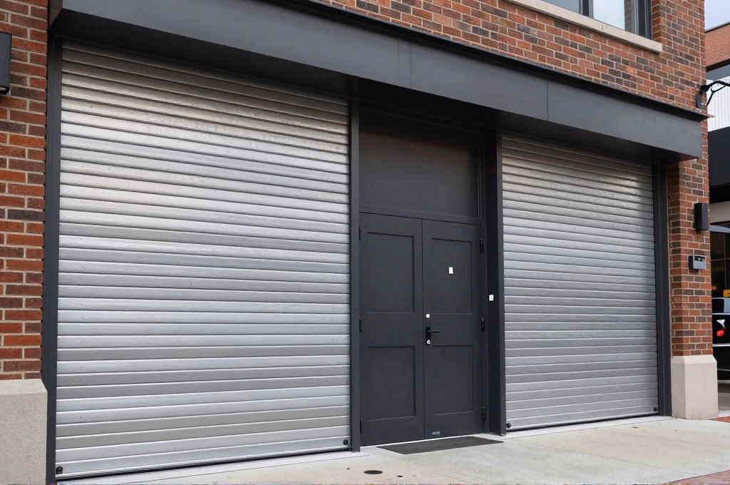 Facade de local commercial avec rideaux metalliques et dispositifs de securite