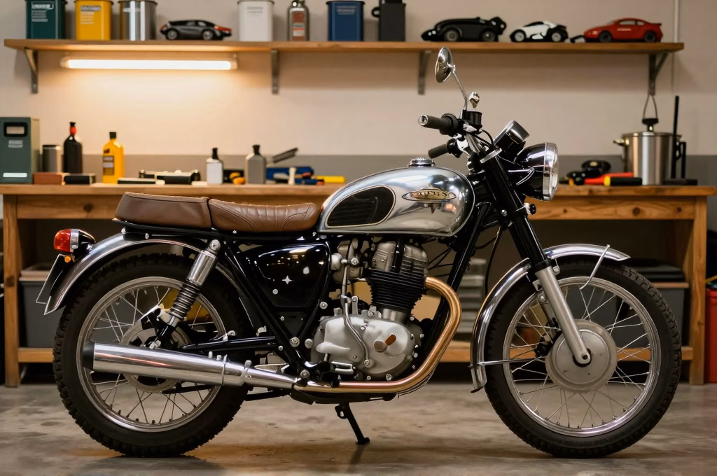 Moto vintage de collection dans un garage atelier avec outils et éclairage chaleureux