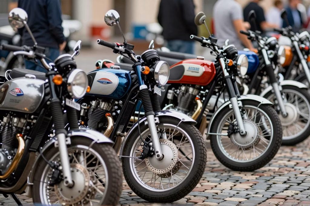 Rassemblement de plusieurs motos anciennes de collection garées en extérieur lors d'un événement
