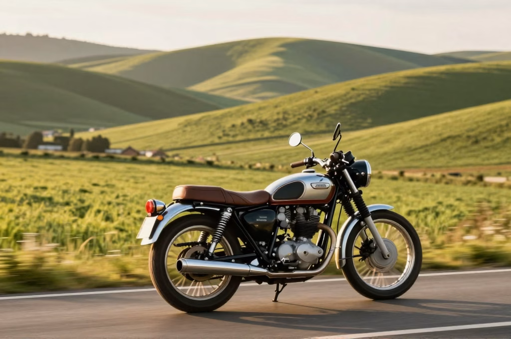Moto de collection sur une route de campagne baignée par la lumière dorée du soleil couchant