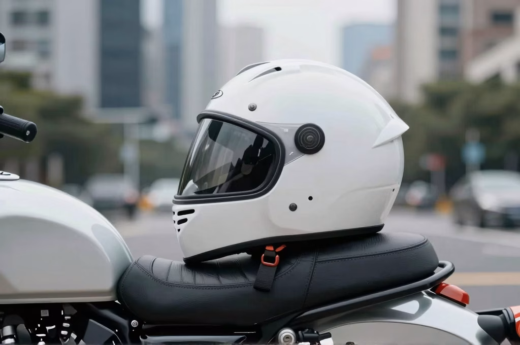 Casque de moto pose sur la selle d'un roadster moderne gare en ville