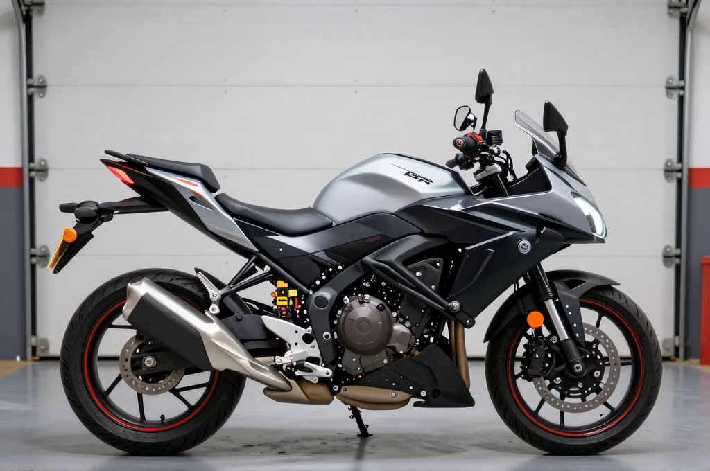 Moto stationnee dans un garage ferme avec antivol U et equipement moto range