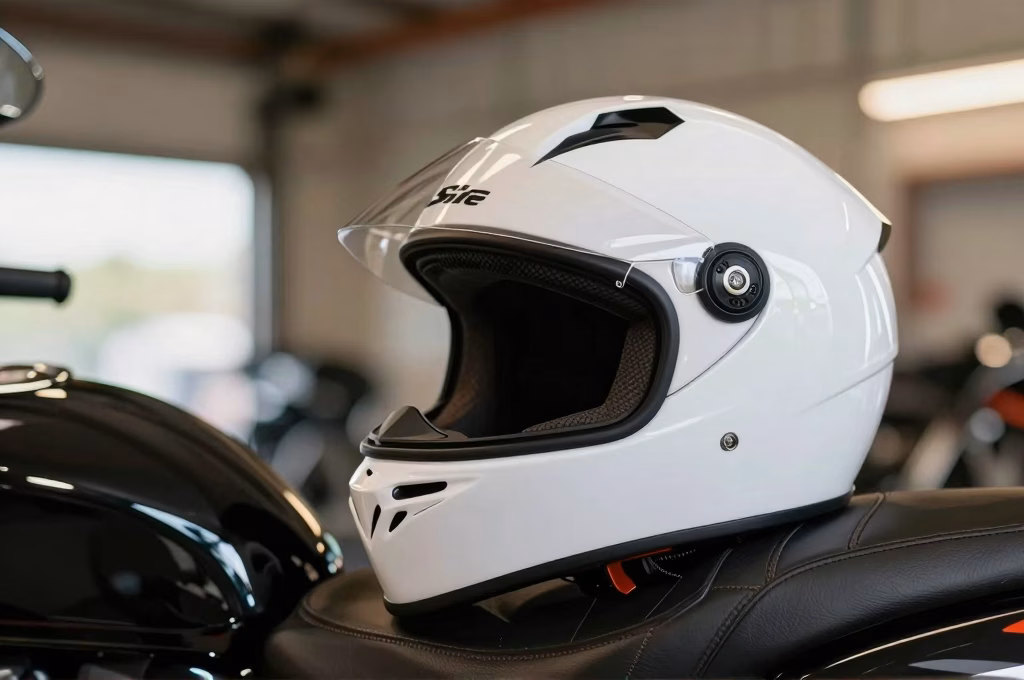 Casque de moto posé sur une selle en cuir, symbole de protection et assurance deux-roues
