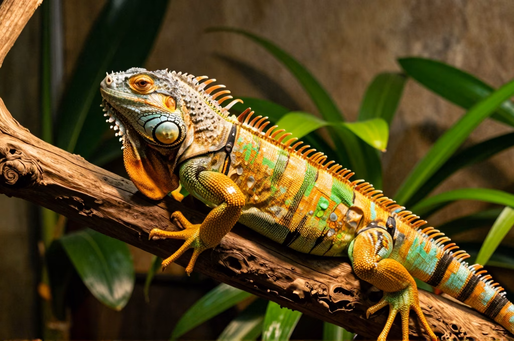 Iguane vert reptile de compagnie sur une branche dans son terrarium tropical