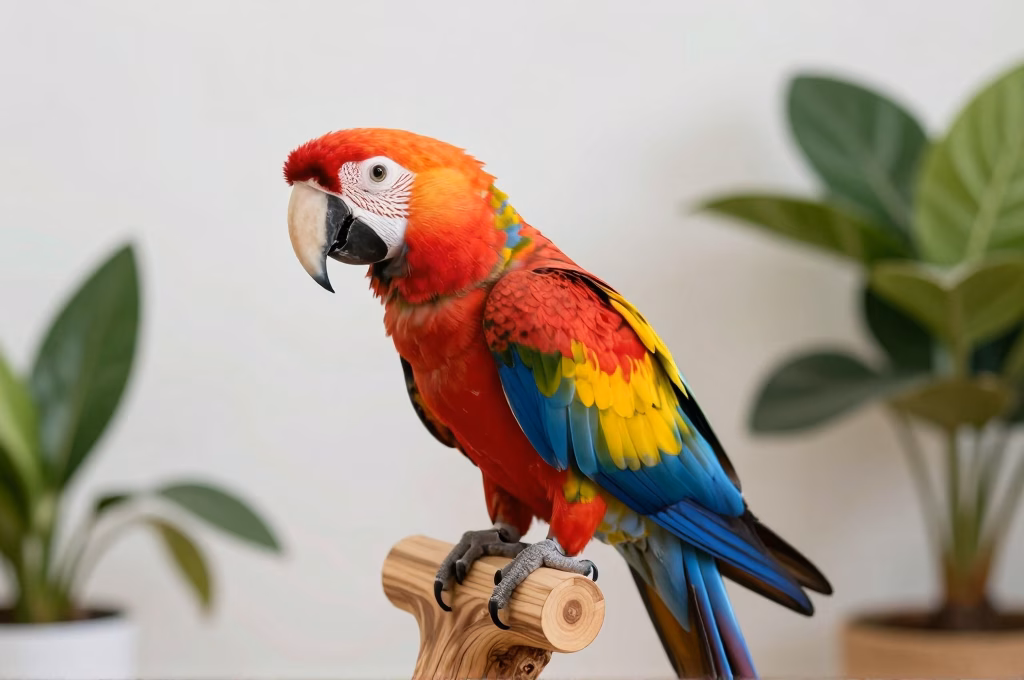 Perroquet ara colore perche sur un support en bois naturel