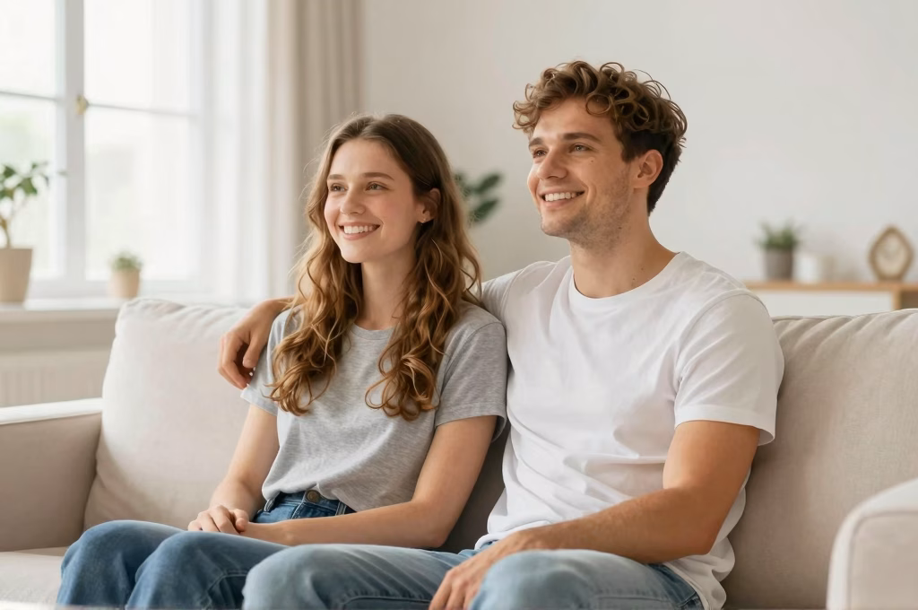 Jeune couple detendu et souriant assis sur un canape dans un salon lumineux, concept de securite financiere et serenite