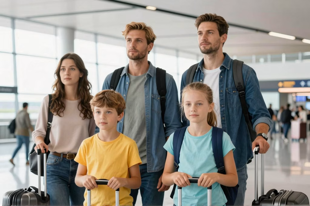 Famille de voyageurs europeens a l'aeroport avec valises, expression sereine et confiante