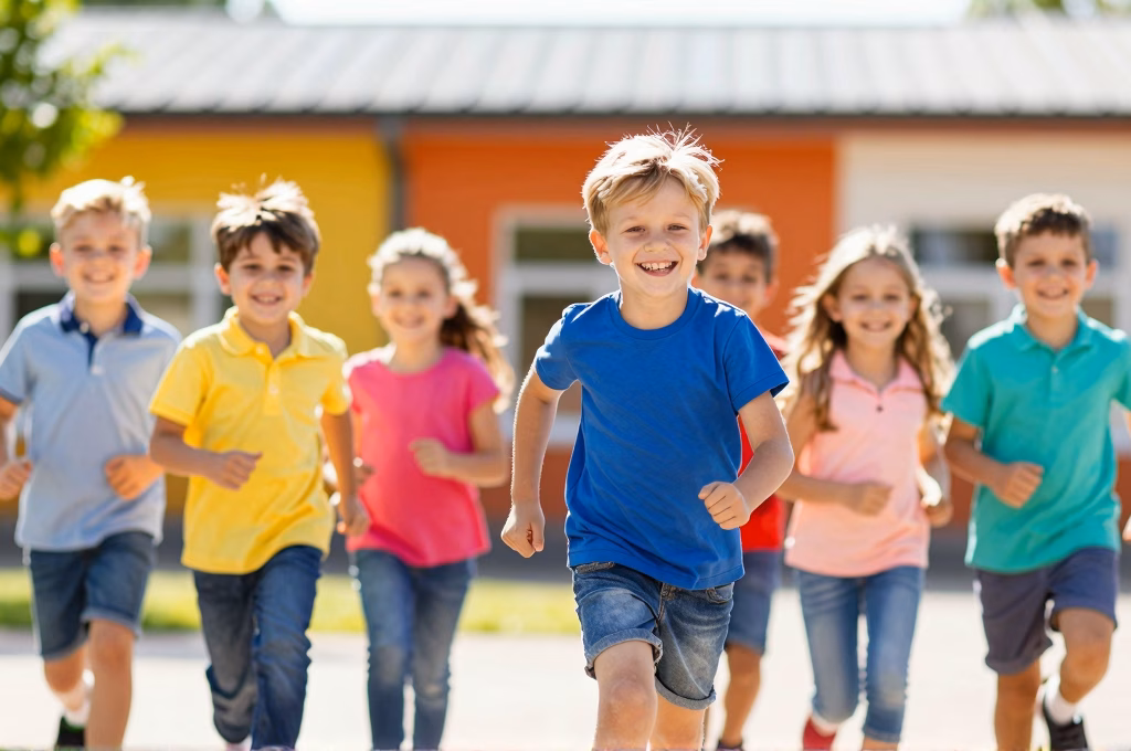 Enfants jouant dans une cour de recreation ensoleillee, atmosphere joyeuse et securisante