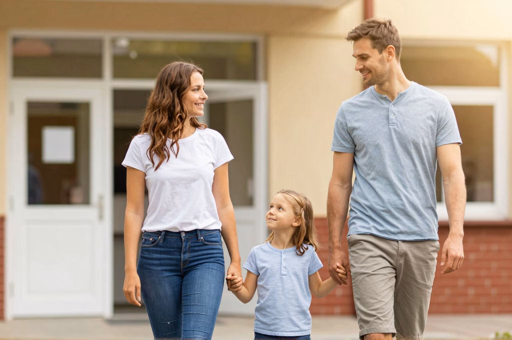 Famille sereine accompagnant leur enfant a l'ecole, symbole de protection et tranquillite