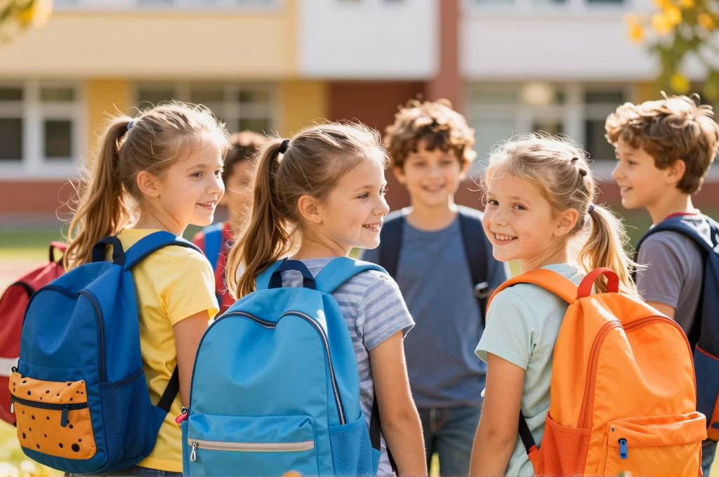 Enfants jouant ensemble dans une cour d'ecole avec leurs cartables colores