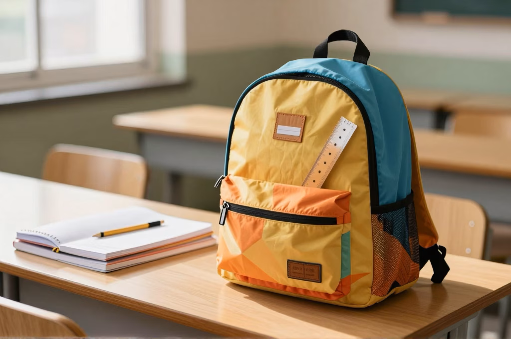 Cartable et fournitures scolaires sur un bureau en bois dans une lumiere douce