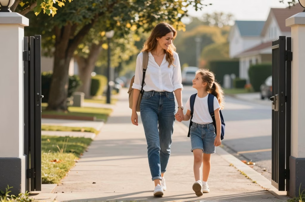 Mere accompagnant sa fille a l'ecole main dans la main dans une rue paisible