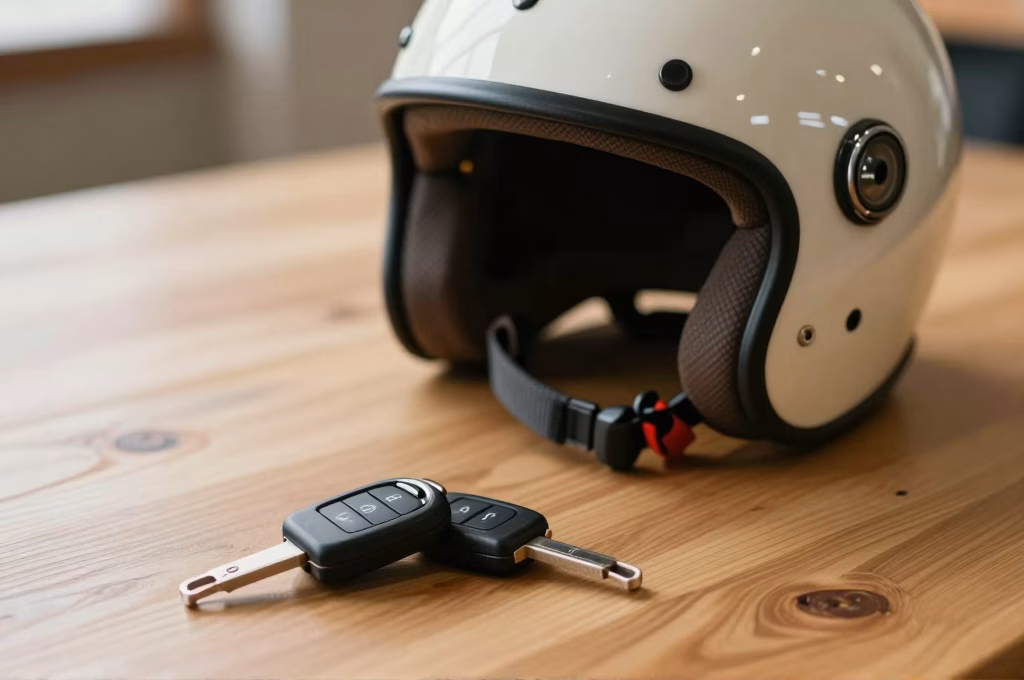 Casque de scooter et clés posés sur une table en bois avec éclairage naturel