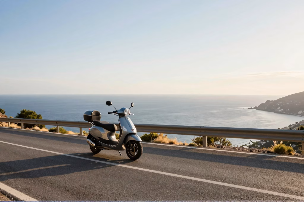 Scooter sur une route côtière méditerranéenne baignée de lumière dorée