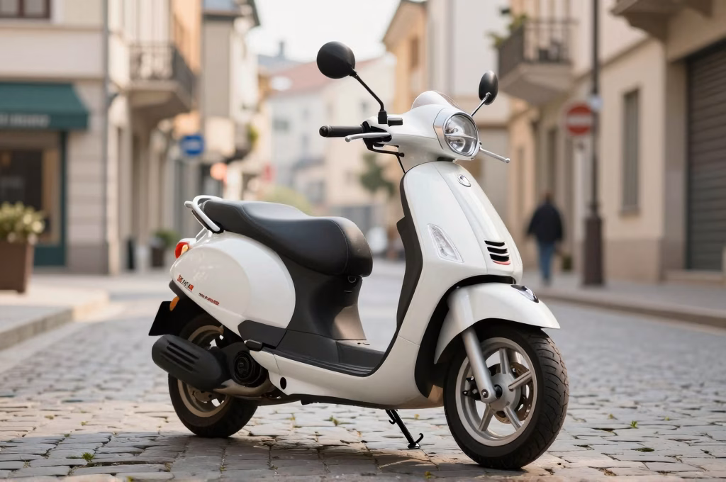 Scooter moderne garé dans une rue pavée européenne avec lumière dorée d'après-midi