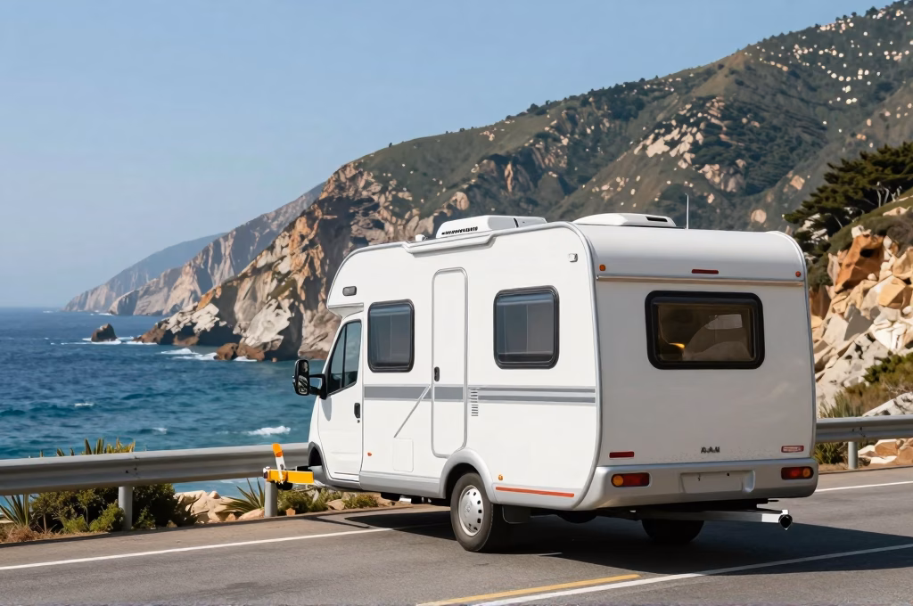 Caravane tractée sur route côtière en voyage, parfait exemple d'utilisation ponctuelle avec assurance temporaire