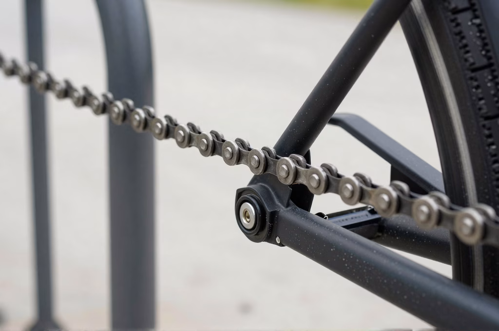Antivol chaîne sécurisant un vélo électrique sur un rack urbain