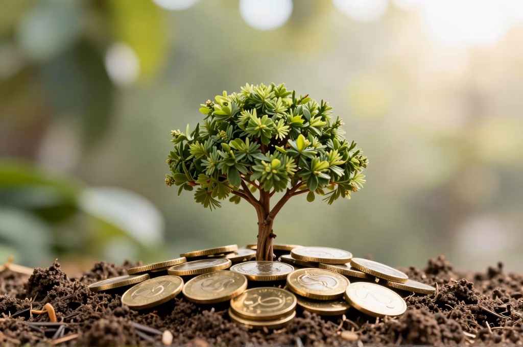 Arbre miniature poussant depuis des pieces d'or symbolisant la croissance d'un investissement long terme