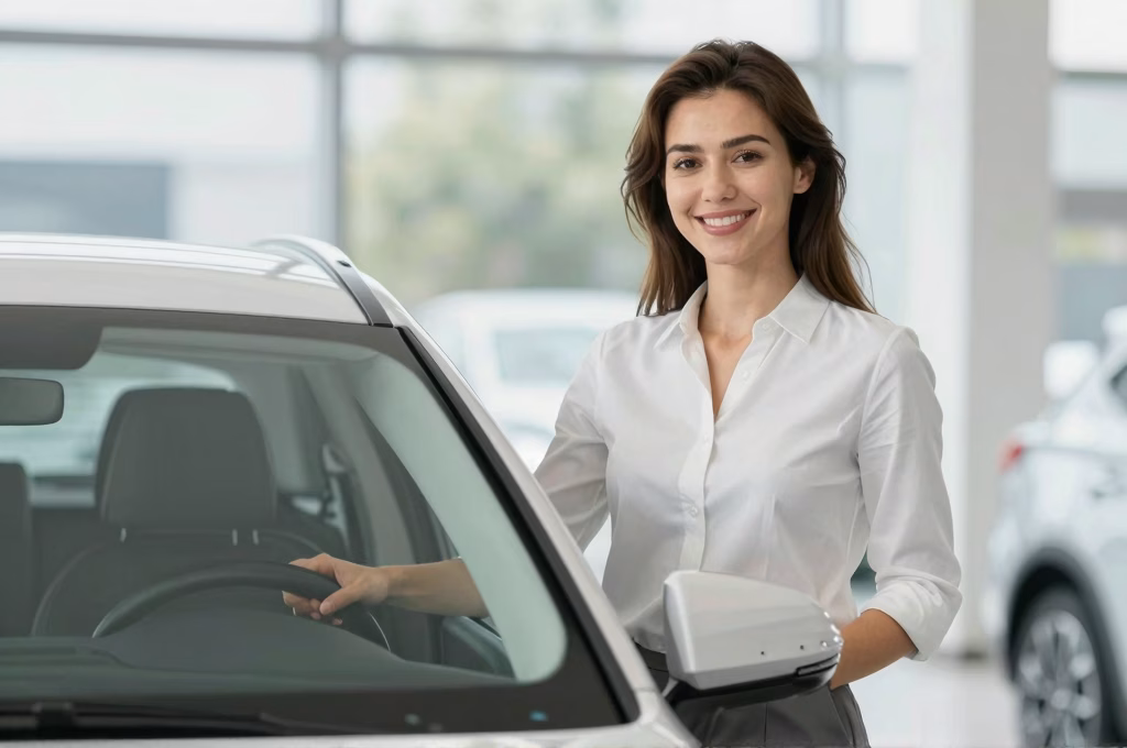 Conductrice satisfaite protégée par l'assurance auto Crédit Agricole avec son véhicule
