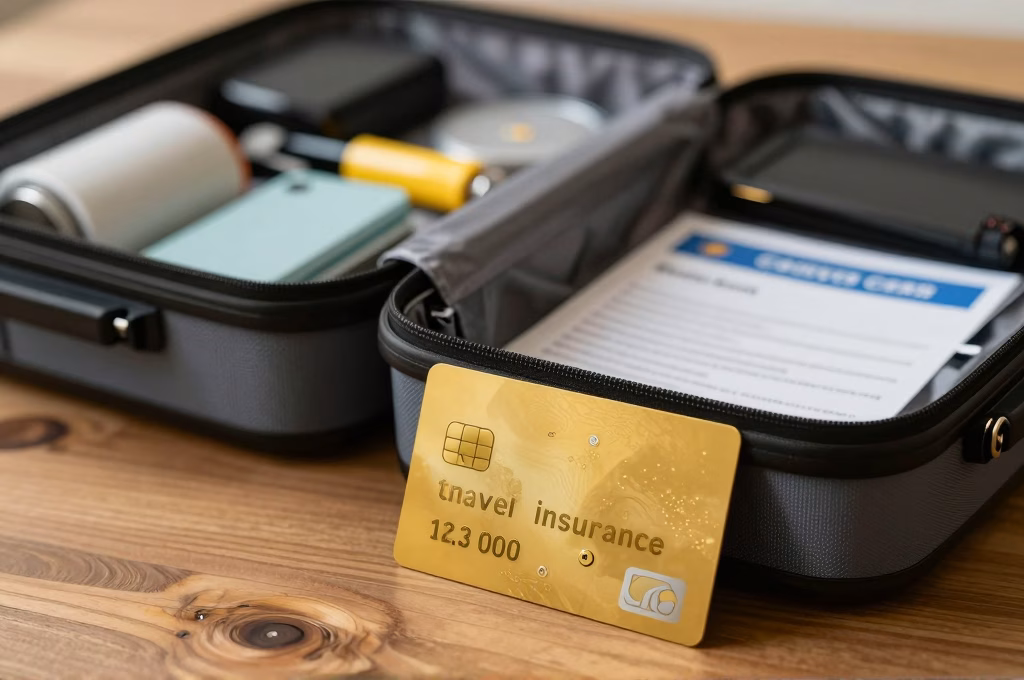 Valise ouverte avec essentiels de voyage et carte bancaire premium sur table en bois