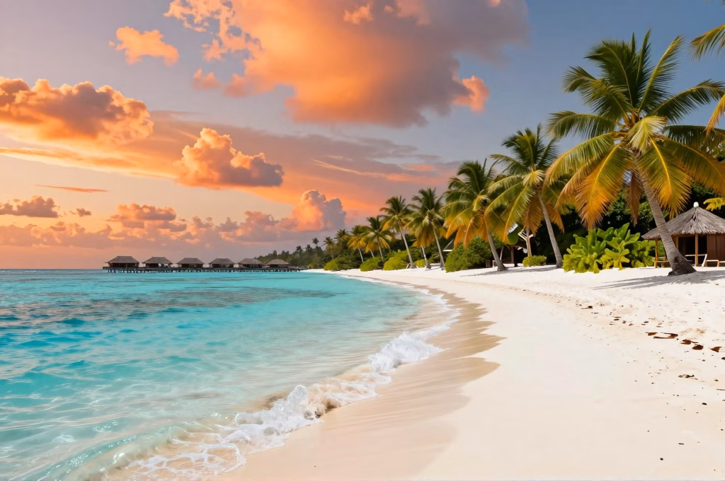 Plage tropicale paradisiaque avec eau turquoise et palmiers au coucher du soleil