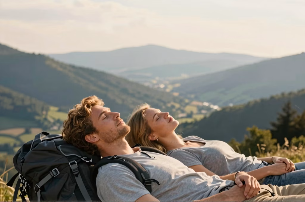 Couple serein admirant un panorama montagneux lors d'un voyage en toute tranquillite