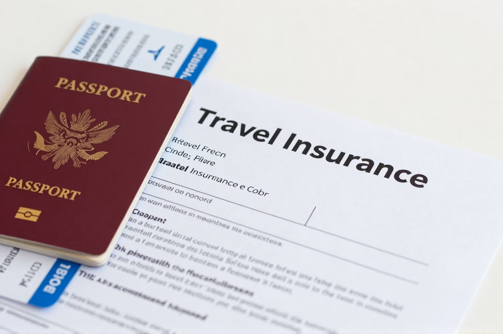 Documents d'assurance voyage, passeport et billets d'avion pour préparation voyage USA