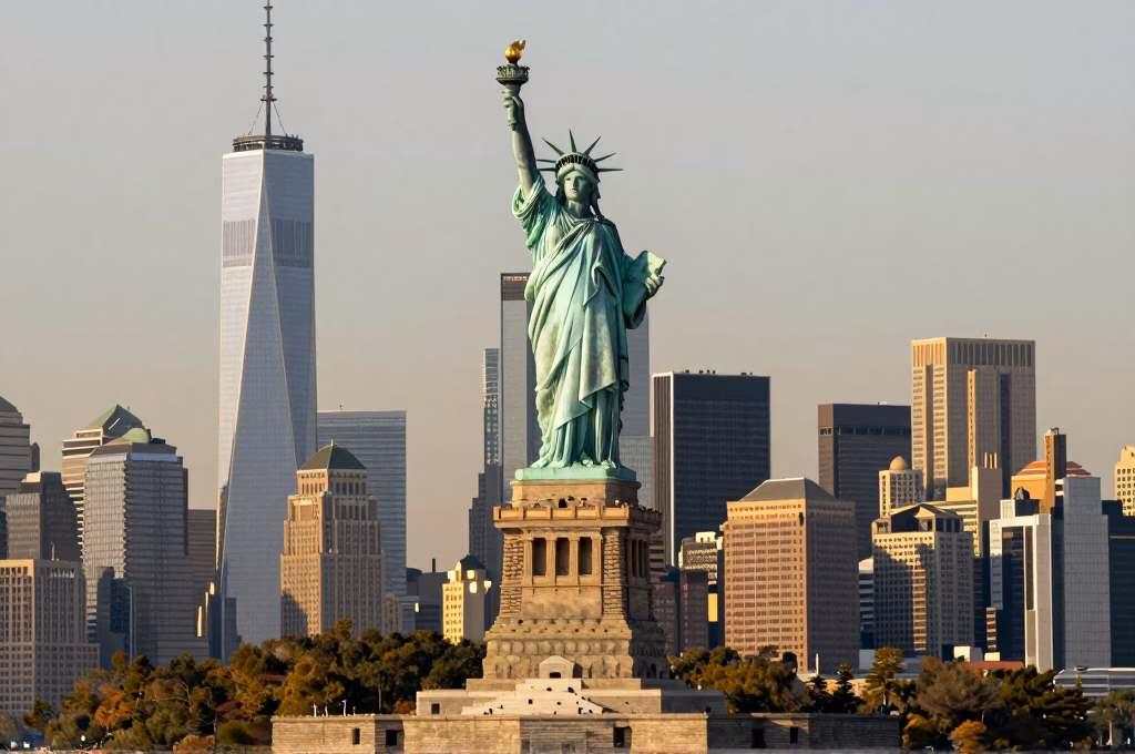 Skyline de New York avec la Statue de la Liberté au coucher du soleil, destination voyage USA