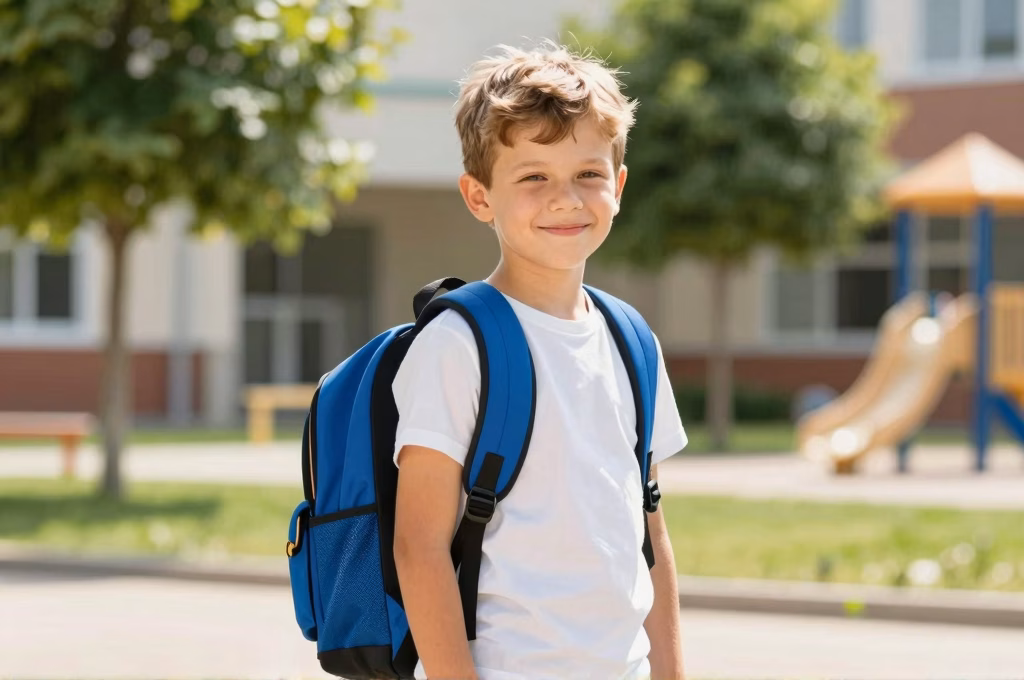 Enfant souriant avec son cartable dans la cour de l'ecole protege par l'assurance scolaire