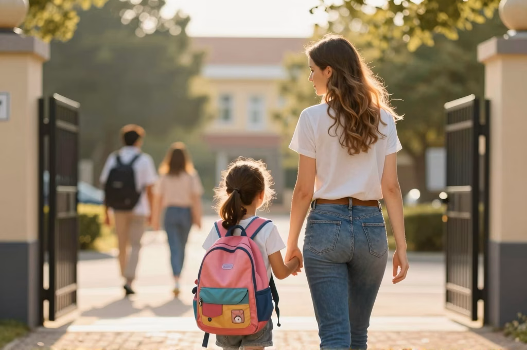 Parent accompagnant son enfant avec cartable devant l'entree de l'ecole le matin
