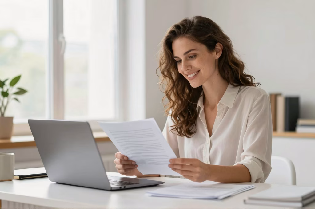 Femme consultant ses documents d'assurance depuis son espace client en ligne