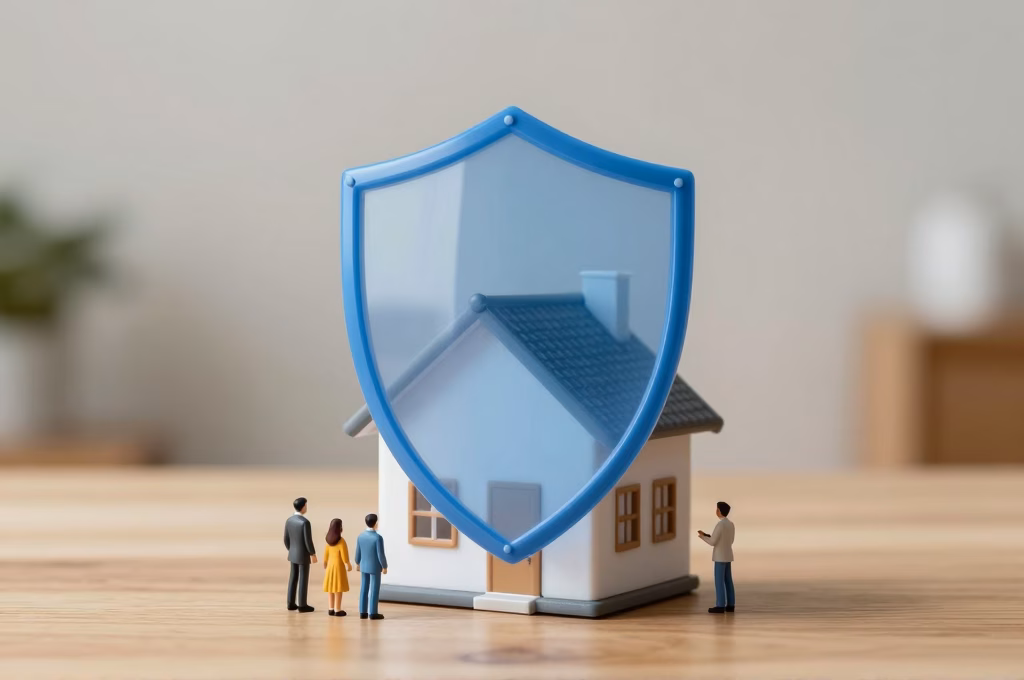 Bouclier protecteur au-dessus d'une maison miniature symbolisant l'assurance responsabilité civile
