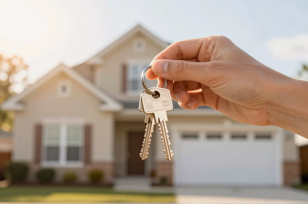 Clés de maison tenues devant un logement symbolisant la sécurité locative avec attestation RC