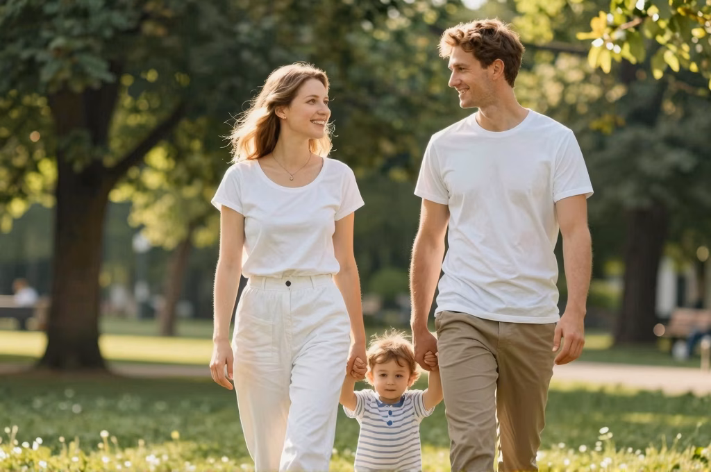 Famille sereine se promenant dans un parc, couverte par la mutuelle sante Alan