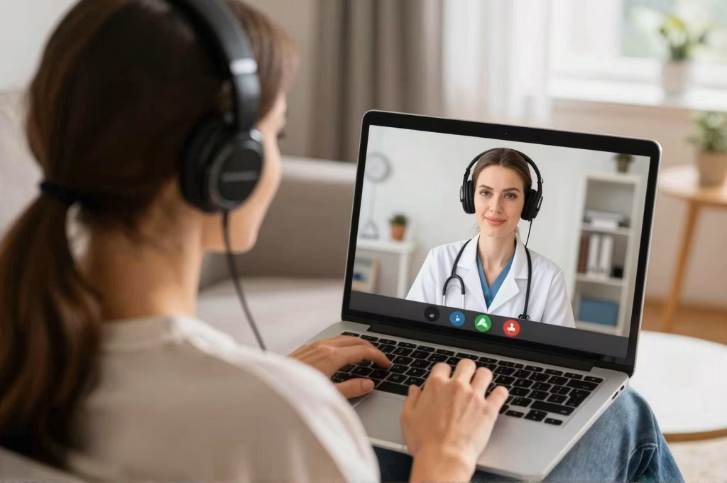 Femme en teleconsultation medicale depuis son salon avec la mutuelle Alan
