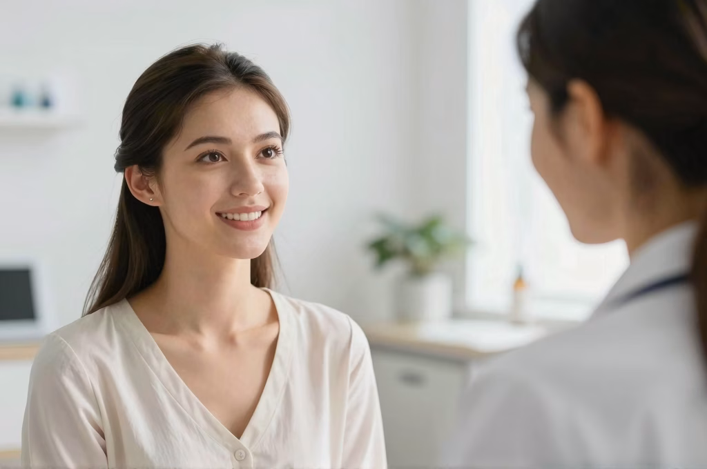 Consultation médicale dans un cabinet moderne avec une patiente et son médecin