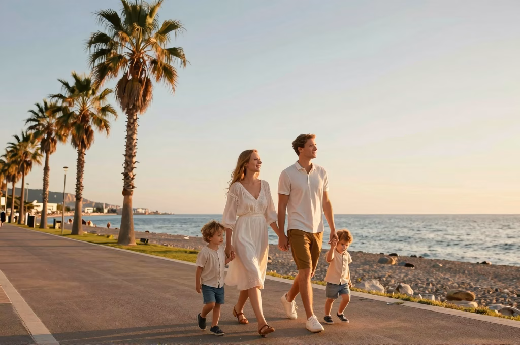Famille sereine se promenant sur une promenade méditerranéenne avec palmiers et mer