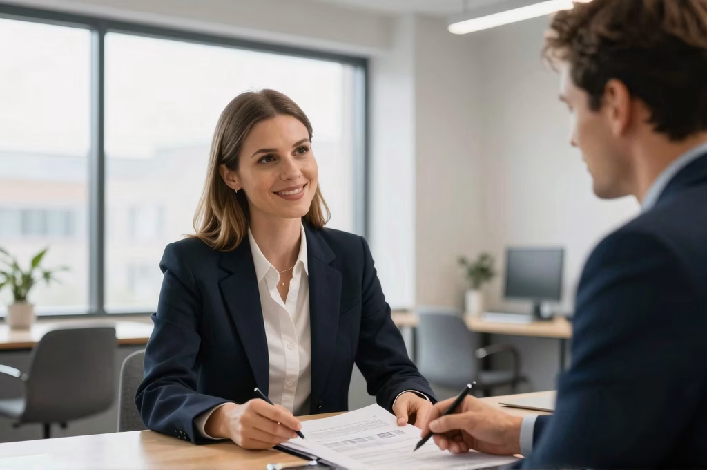 Conseillère financière en réunion avec un client dans un bureau moderne