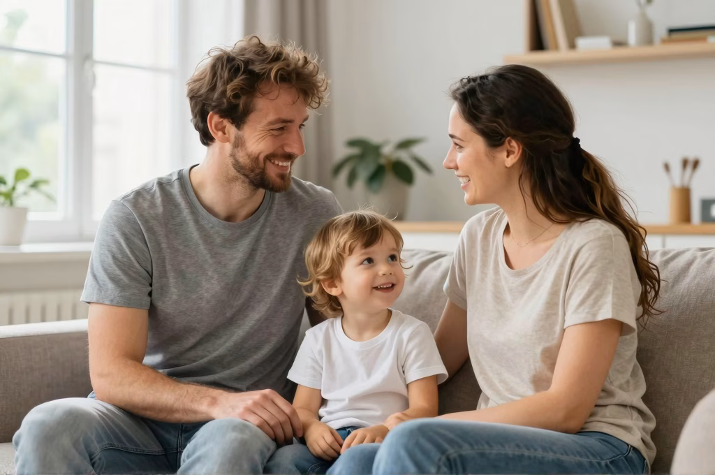 Famille sereine planifiant son avenir financier dans un salon lumineux