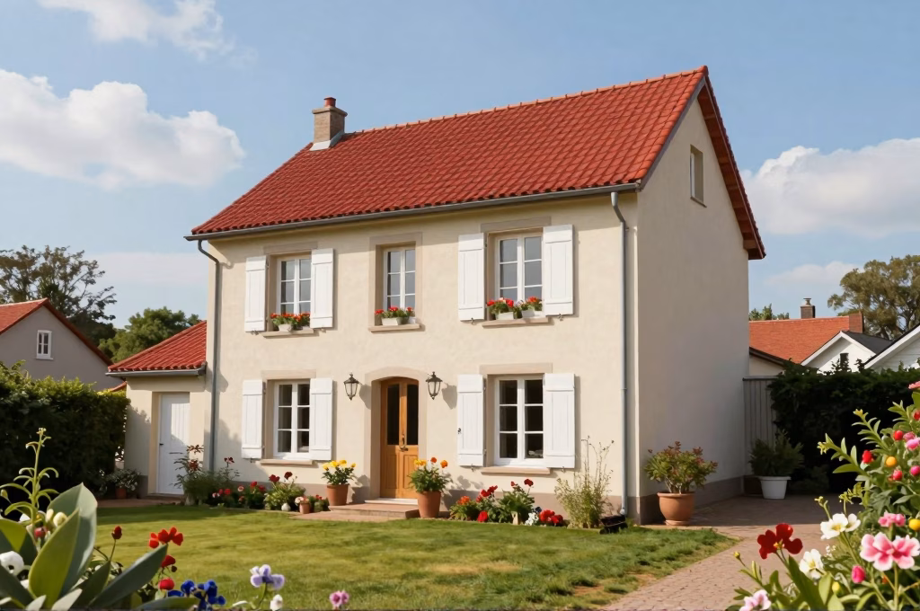 Maison francaise bien protegee avec jardin fleuri illustrant les garanties habitation GMF
