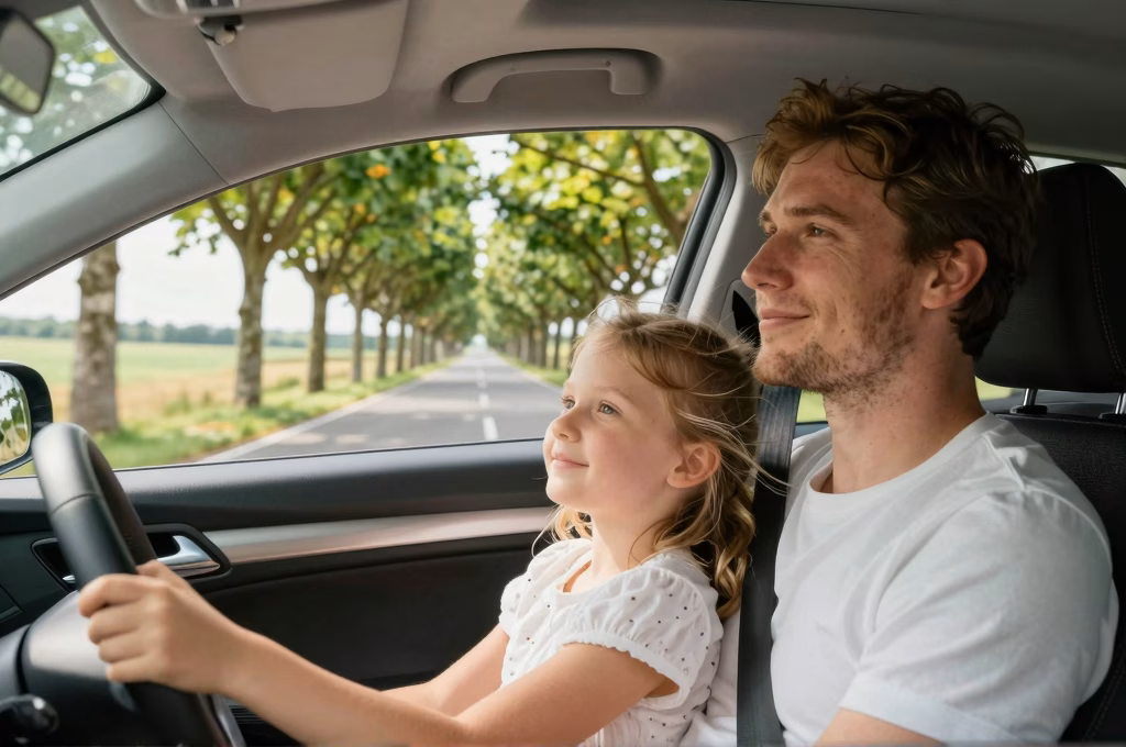 Famille sereine en voiture sur une route de campagne francaise, proteges par leur assurance Groupama
